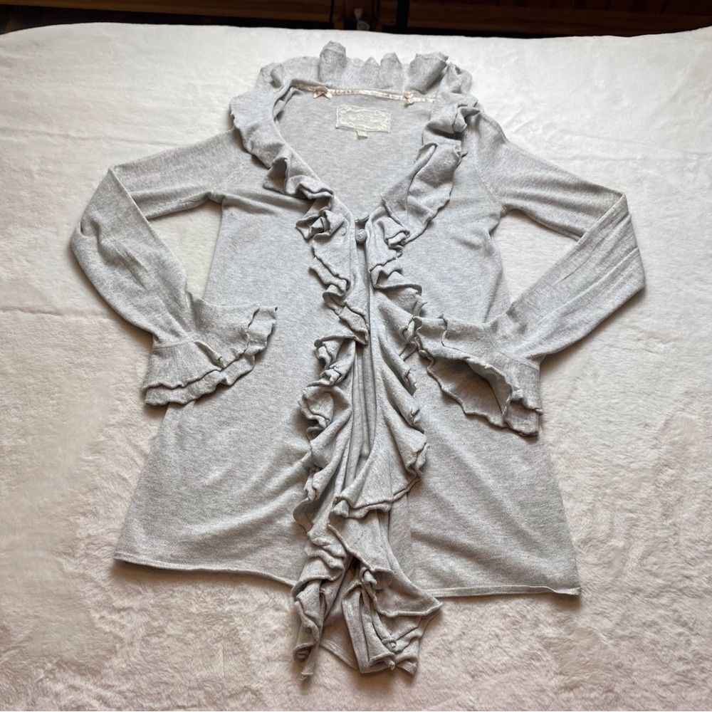 Ti Mo Ruffled Front Light Gray Cardigan Sweater Size XS